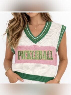 GRACE+EMMA Pickleball Sweater Vest sz L Green Pink V Neck Gold Metallic Accents